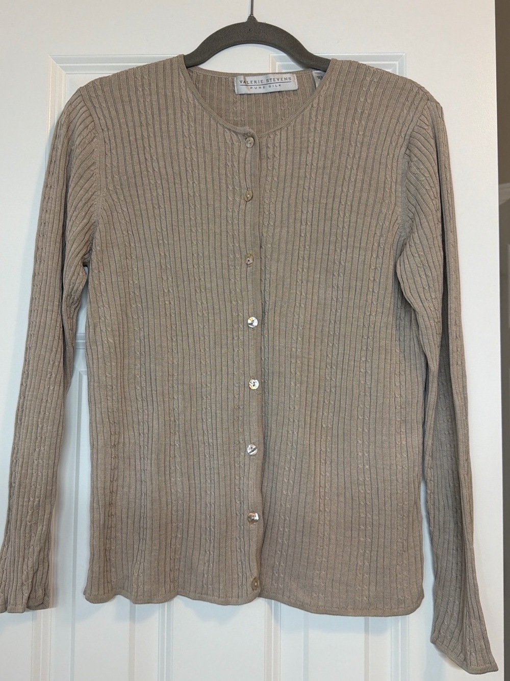 Valerie Stevens Silk Ribbed Button-Front Cardigan in Taupe